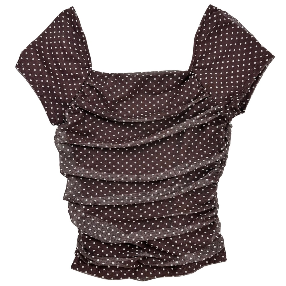 Y2K Ragdoll Womens Brown Polka Dot Ruched Mesh Square Neck Top Short Sleeve‎ XS